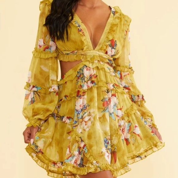 Luxxel Elegant Floral Print V Neck Longsleeve Cut Out Ruffle Mini Dress - Picture 2 of 16